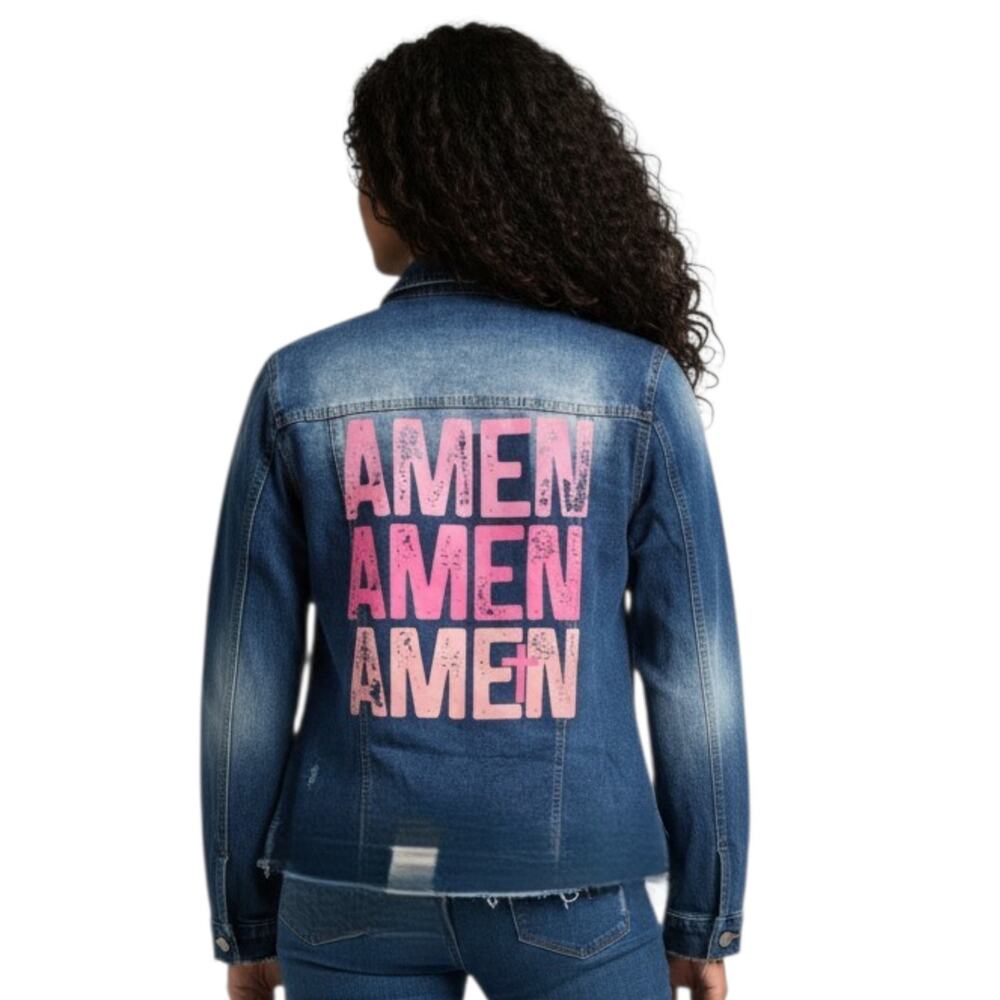 Amen, Amen, Amen Repurposed Christian Distressed Leopard Rose Inlay Jean Jacket